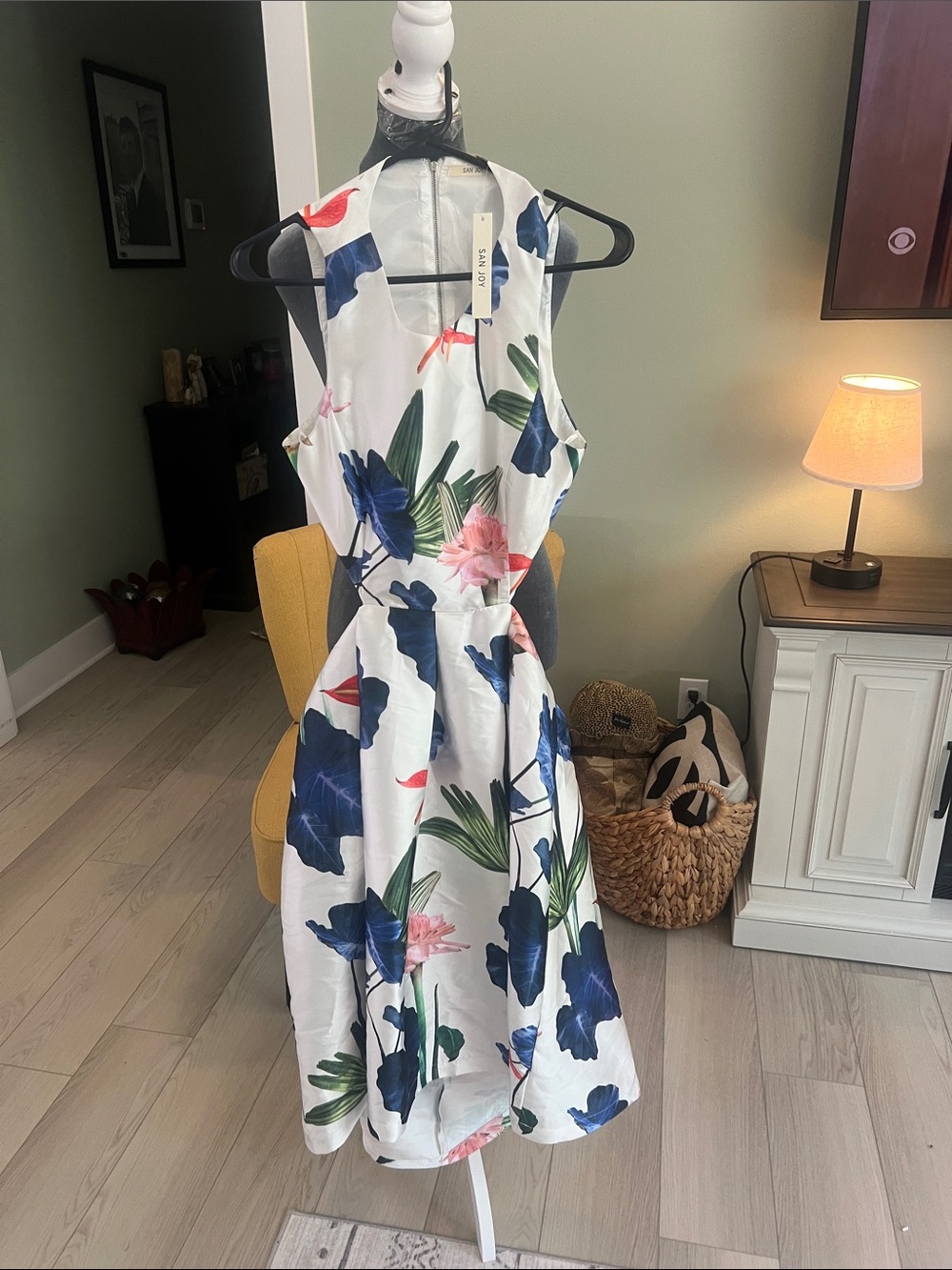 San Joy White Midi Dress with Navy and Green Floral Print